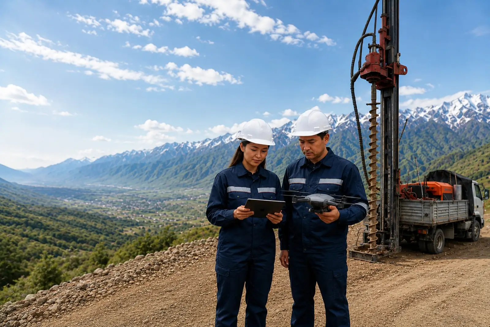 Инженеры GeoPromSistem с буровой установкой на площадке в предгорьях Алматы